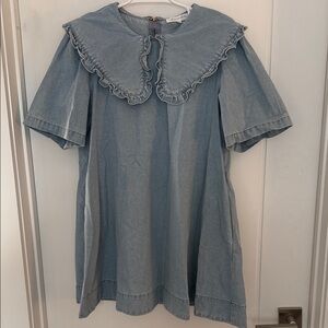 MARBLE Denim Blue Mini Dress with Ruffled Collar